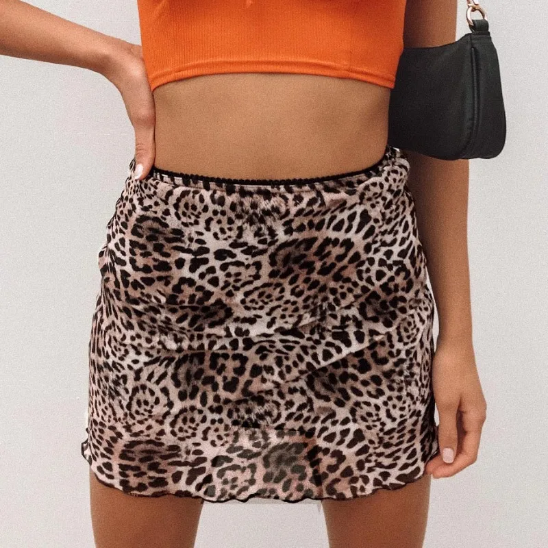 Leopard Printed Casual Short Skirts for Women 2024 Summer Vintage Women's High Waist Mesh Mini Skirt Fashion Female Wrap Hip Ski