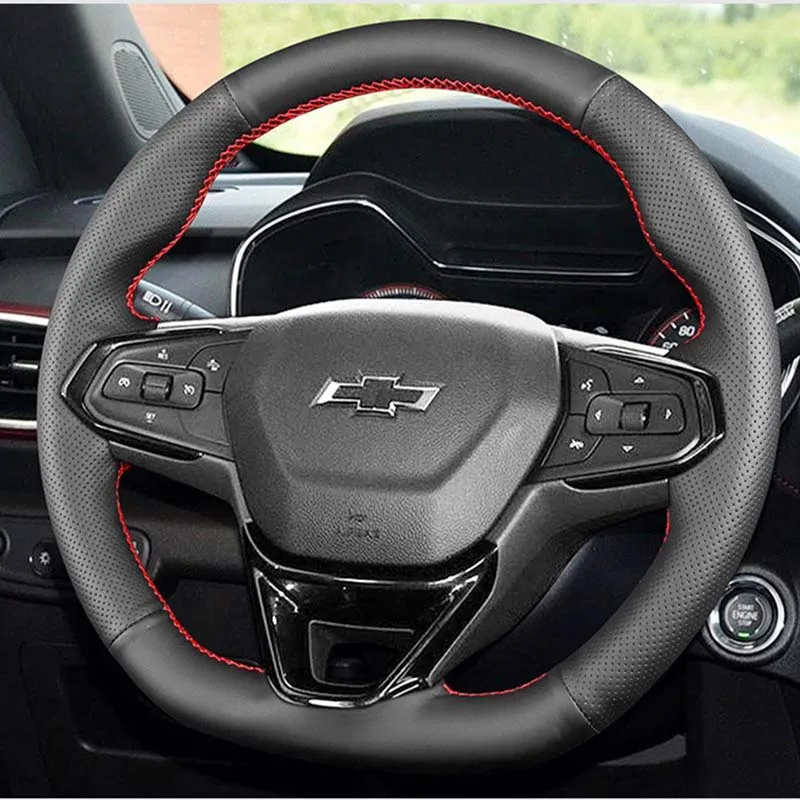 For Chevrolet Trailblazer Seeker 2019-2022 Hand-Stitched Black non-slip Genuine Leather car Steering Wheel Cover