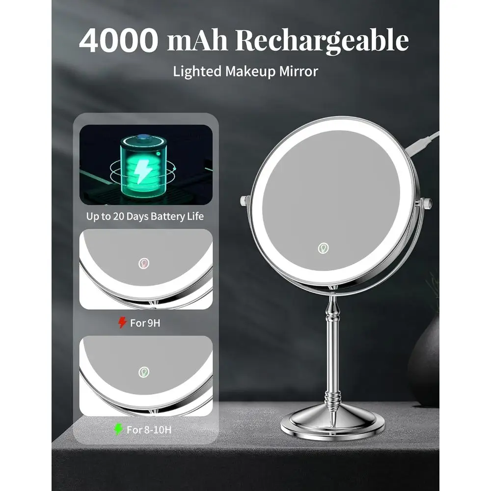 Miroir de courtoisie LED grossissant 20x avec batterie 4000mAh, miroir de maquillage chromé double face pour femmes, support de bureau