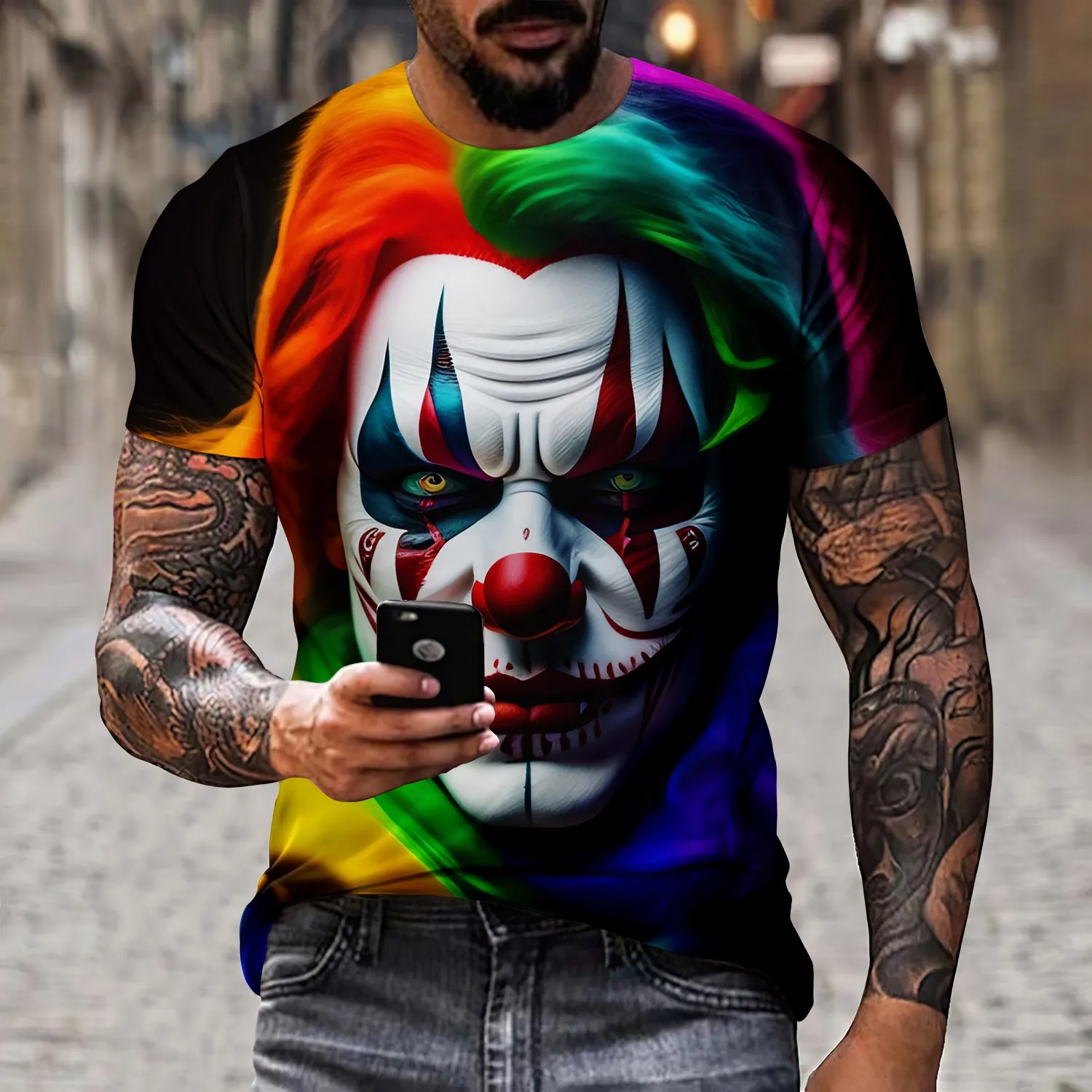 New 3D Joker Print Men\'s Novel Cool and Creative Short sleeved Round Neck Polyester T-shirt Summer Outdoor Casual Street Wear