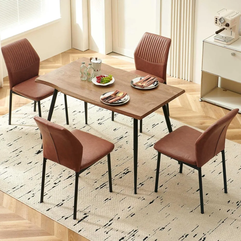 

47" Rectangular Dining Table Set for 4, Modern Live Edge Kitchen Tabletop with Comfortable Leather PU Dining Chairs