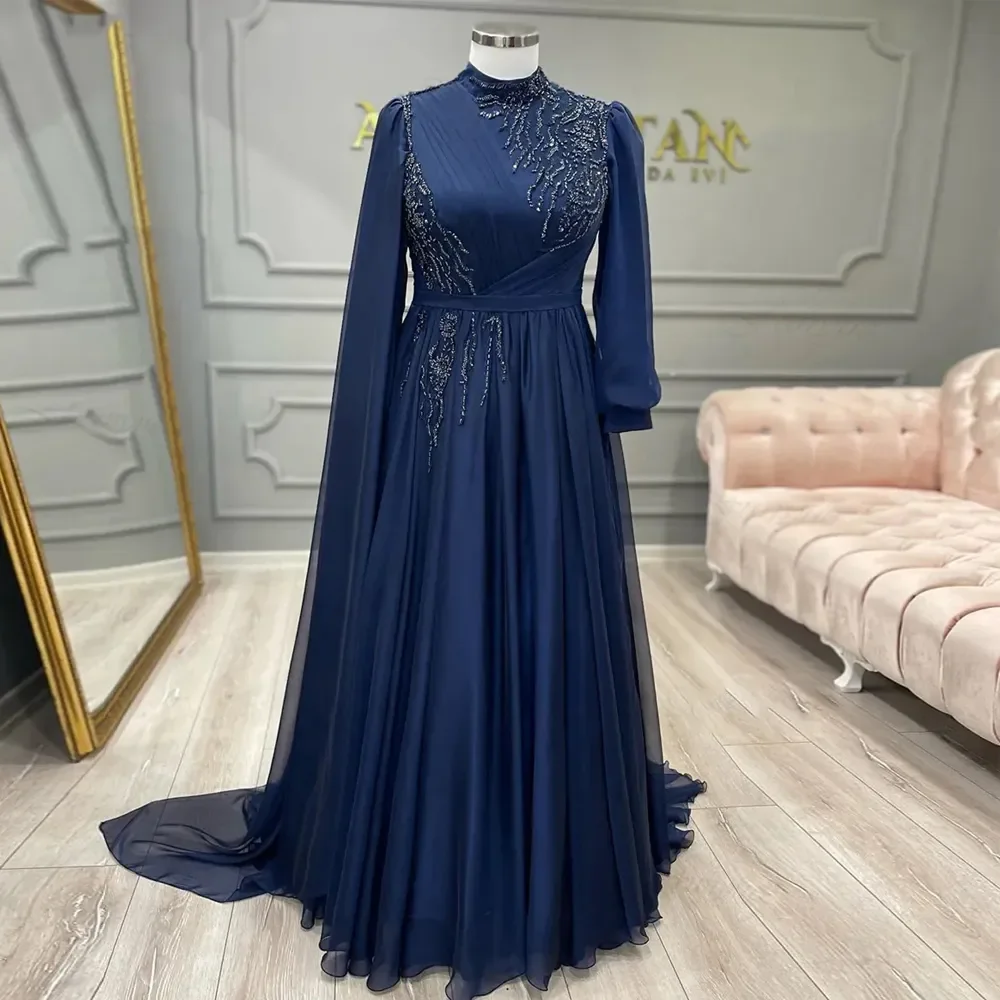 Classy Navy Blue Muslim Evening Dresses O Neck Beaded A Line Formal Dress Pleat Kaftan Abenkeider Vestido De Novia