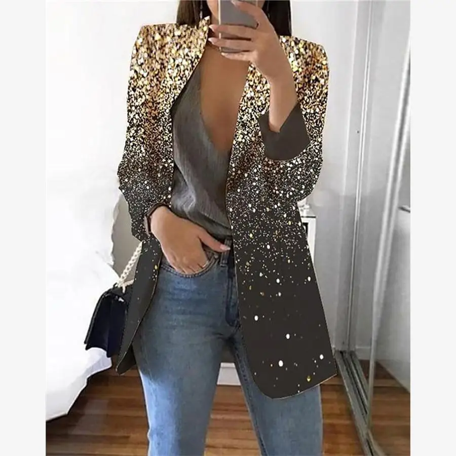 Flash Powder Print Long Sve Lapel Collar  Women's Business Suit Jacket Commute Style Slim Fit Polyester Spring 2023