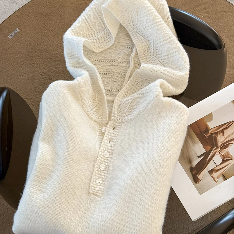 

Spring and Autumn New Hoodies 100% Merino Wool Ladies Hoodies Fashion Hollow Long-Sleeved Sweaters Women Knitted Pullovers