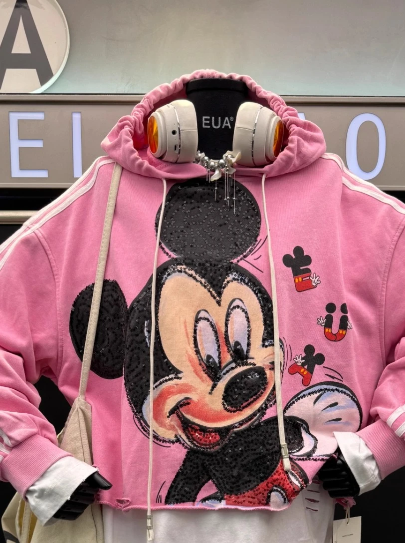 European Style Cartoon Hoodie for Women 2025 Autumn New Heavy Sequin Print Loose Fashion Design Top Oversized Hoodie