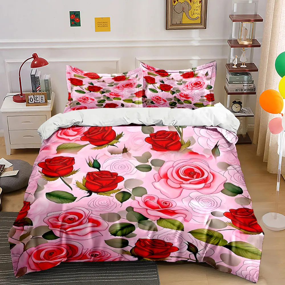 Red roses with pink background Bedding Set for Kids Luxury Gift 3pcs Digital Print Comforter Set Soft Comfortable Breathable