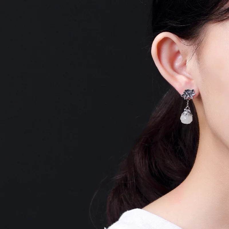 Amxiu 925 Silver Vintage Lotus Earrings Natural Jade Pendant Earrings Handmade  Drop Earrings