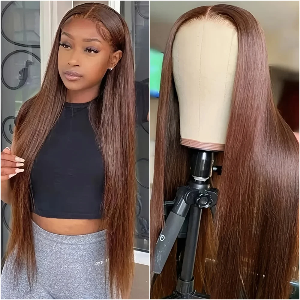 

Chocolate Brown 13x6 HD Lace Frontal Wigs Bone Straight Wig 30 40 Inch Straight 13x4 HD Lace Frontal Wigs For Women 200% Density