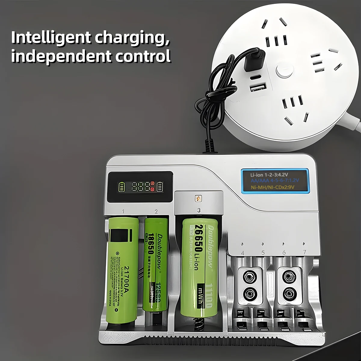18650 Battery Charger with LCD Display 7 Slots for AA AAA Batttery 18650 26650 16340 Lithium Battery (Battery not included)