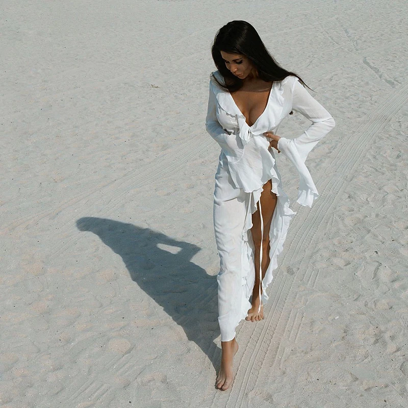 Nouveau Sexy col en V à volants à manches longues en mousseline de soie tunique plage couvrir robe de plage vêtements de plage vêtements de plage femmes