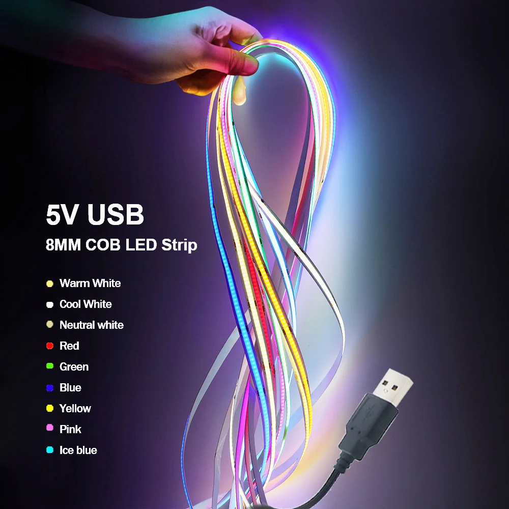 5V USB COB Led Strip Light White/Red/Green/Pink/Ice Blue/Yellow 320 Leds Flexible Ribbon DC Night Lamp TV Backlights Home Decor