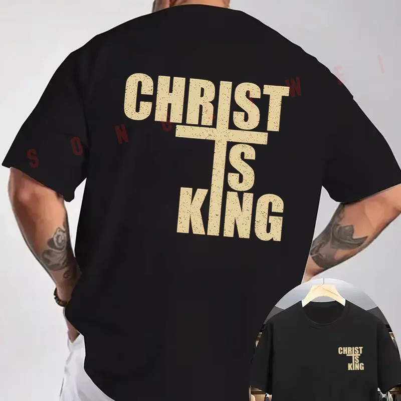CHRIST IS KING Christian Cross Religious Creative Motorcycle Double-Sided Print T-Shirt Men Short Sleeve O-neck Casual Tops