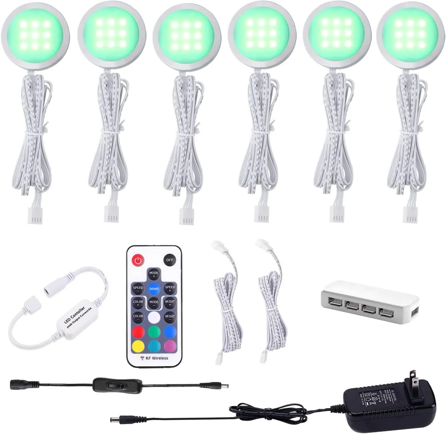 RGB LED 언더 캐비닛 조명 키트, 주방, 옷장, 가구용 슬림 알루미늄 퍽 램프(6팩)