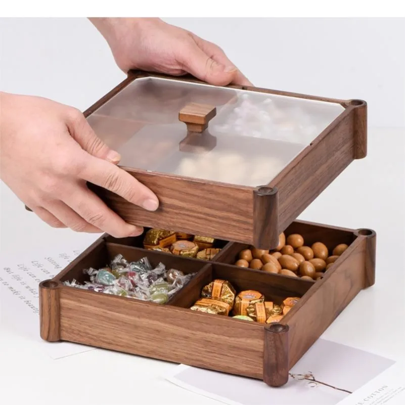 

Wooden Four Dried Fruit Candy Storage Box with Lid Double-layer Snack Nut Compartment Tray Kitchen Container New