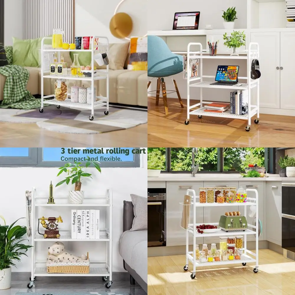 

3-Tier Metal Mesh Utility Cart - Large Capacity, Multipurpose Rolling Trolley with Hooks and Basket (White)