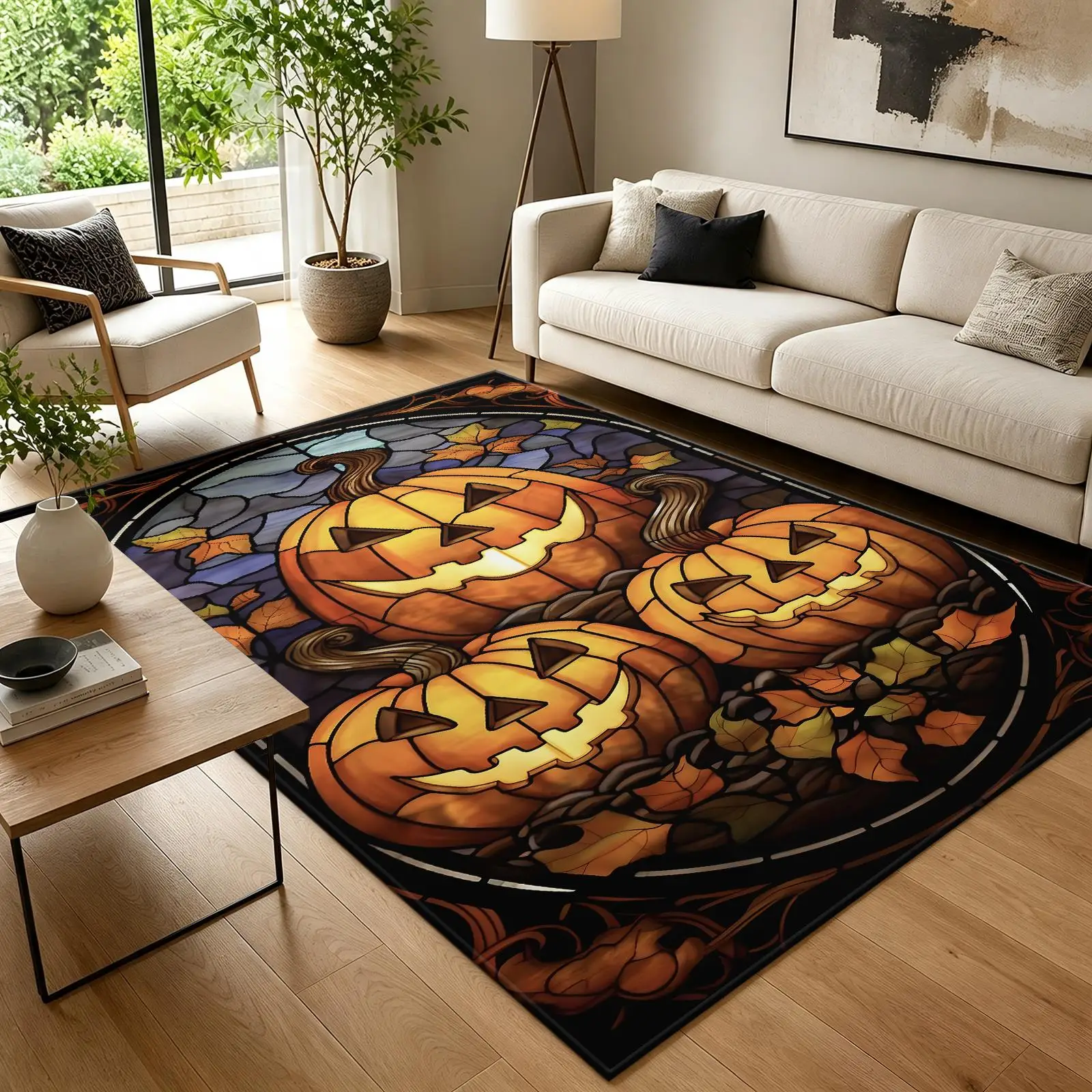1pc Stained Glass Pumpkin Lantern Area Rug, 2D Flat Print, Indoor Floor Mat for Living Room, Halloween Home Decor