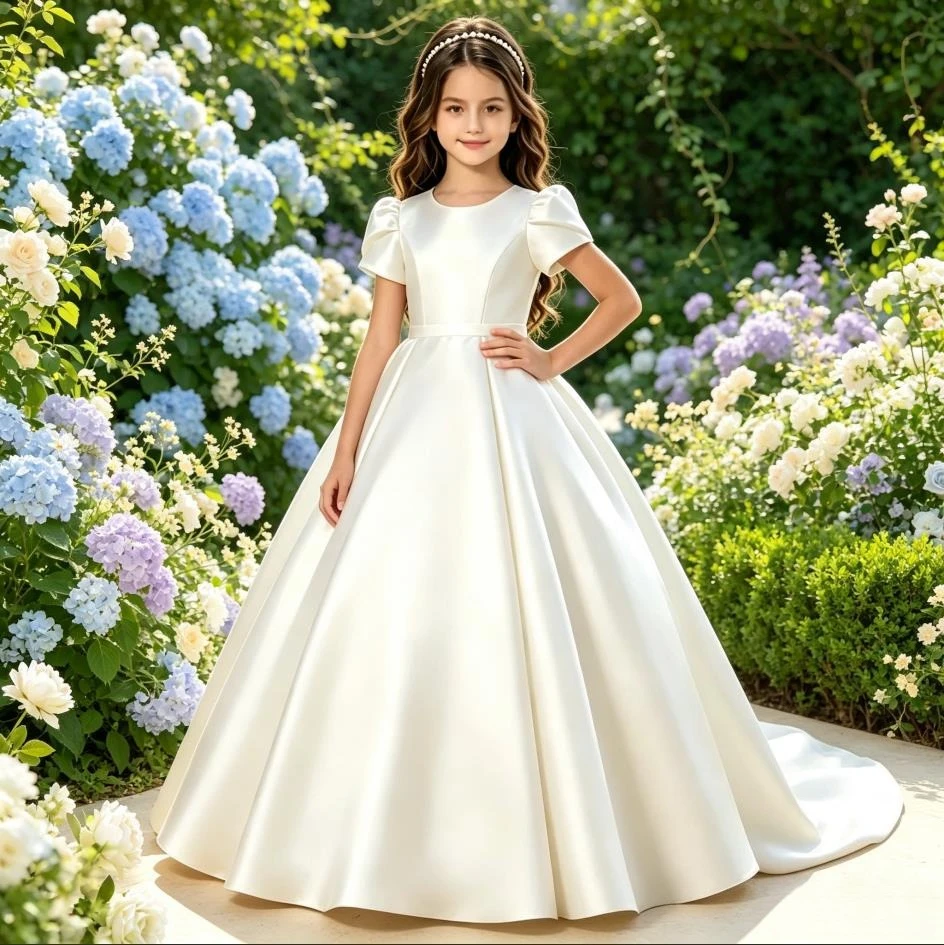 Customized Elegant First Communion White Flower Girl Dress for Wedding with Bow Satin Floor Length Ball Birthday Party Gowns