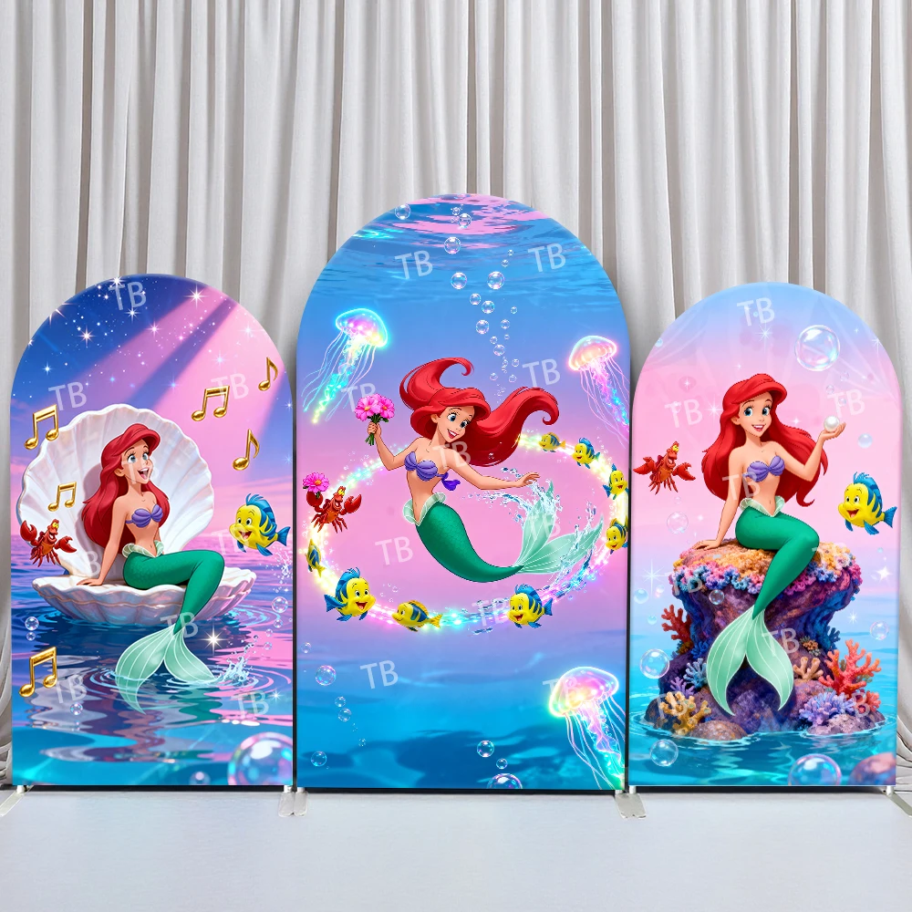Fondo de Fotografía Disney Ariel con Arco, Conchas, Medusas, Criaturas Marinas y Burbujas para Fiestas de Cumpleaños y Baby Shower