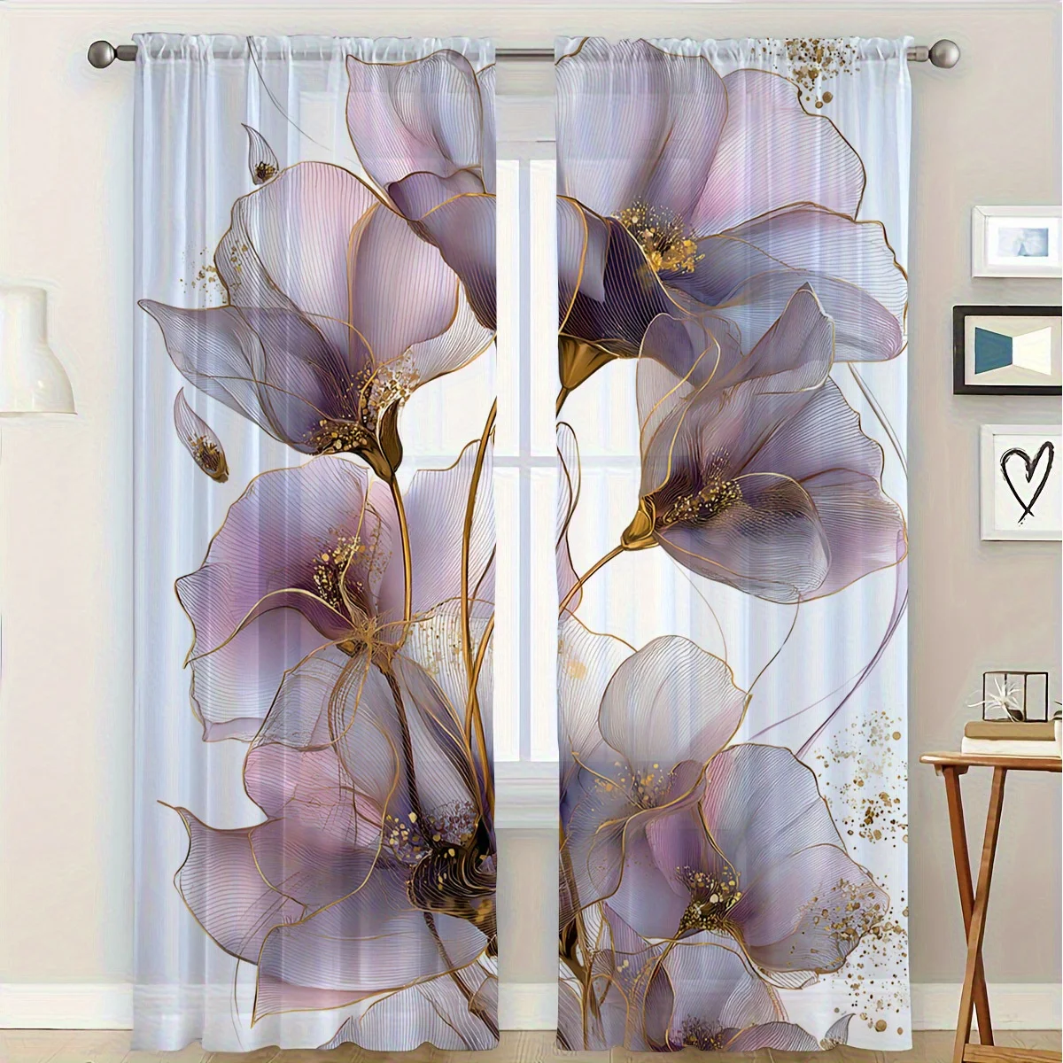 

Элегантная фиолетовая штора с цветочным узором, золотистой окантовкой и абстрактными лепестками для декора гостиной, роскошный стиль, 2 шт.