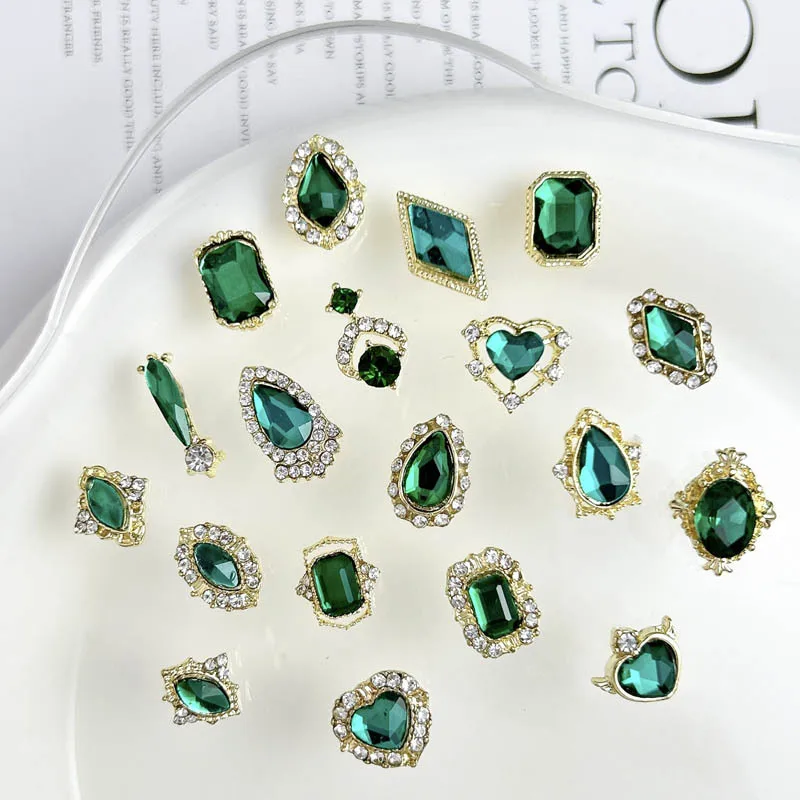 20PCS 3D Metal Alloy Geometric Nail Art Decoration Sparkling Dark Green Glass Rhinestones Inlaid Nail Charms for DIY Nail Crafts