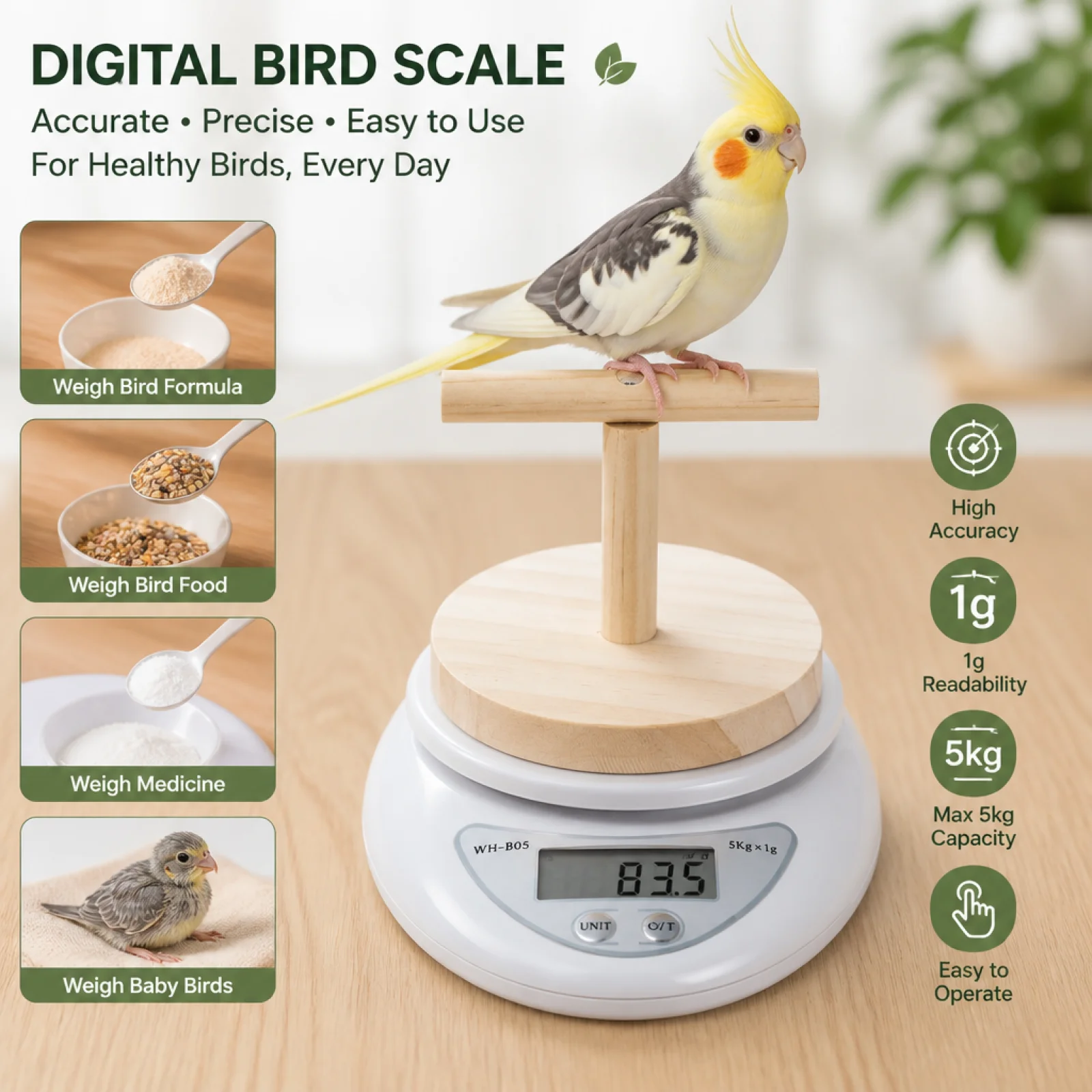 Parrot Weight Scale High Precision Bird Scale with Perch Display Pet Weighing Station Wooden T Stand