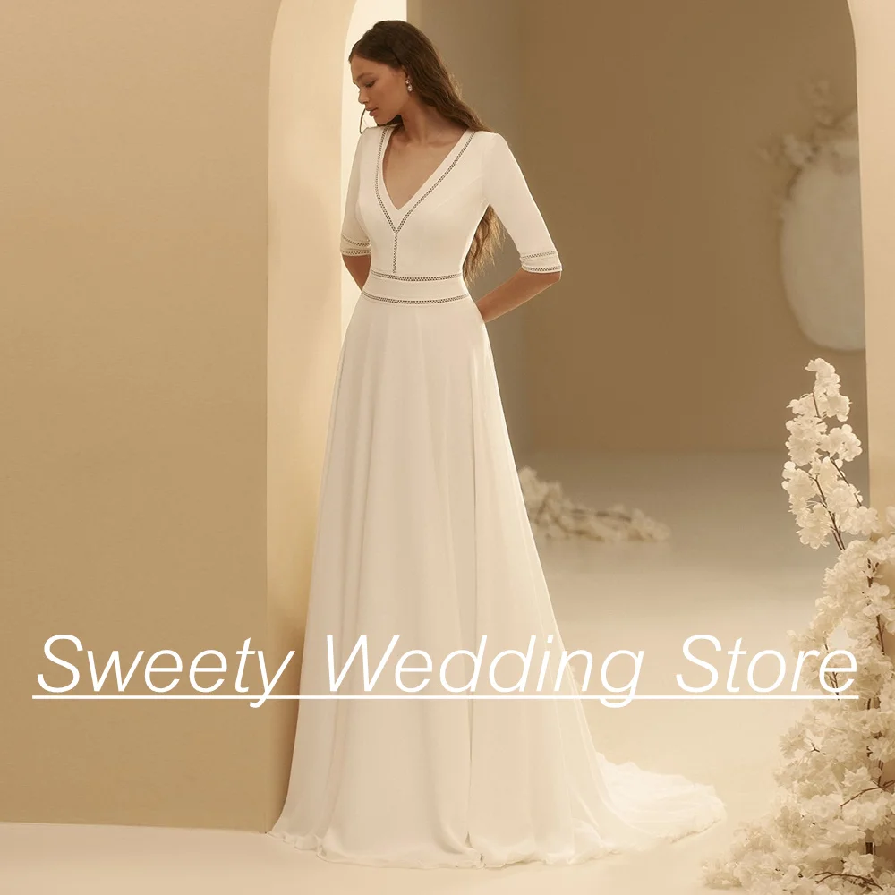 

Modern 2024 Wedding Dress Half Sleeves V Neck Lace A Line Chiffon Boho Bridal Gown for Bride Vestido De Noiva Sweep Train