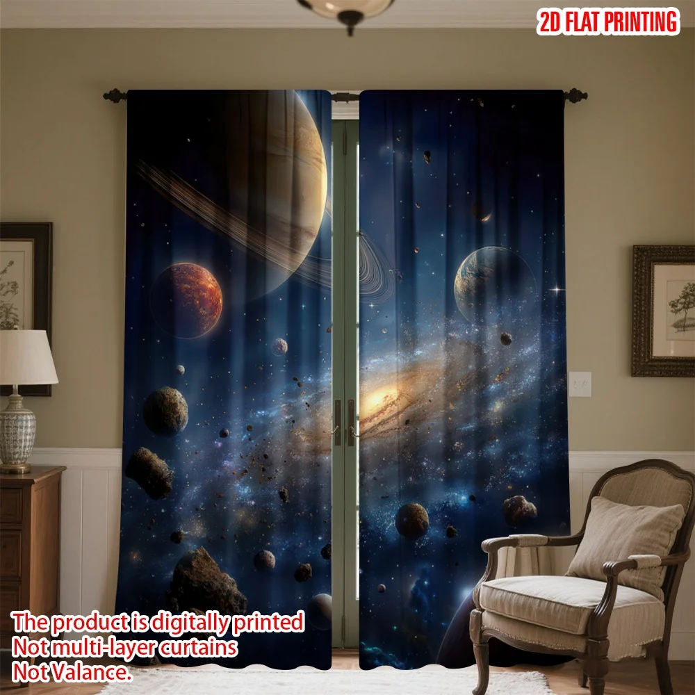 

2D flat printing 2pcs Curtain Planets and Galaxy Scene Digital Printed Polyester Drapes Party Decorations Perfect for Room