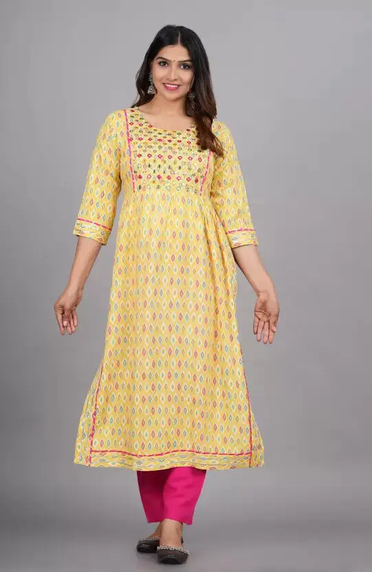 Rayon Yellow Kurta Pink Pant Set Indian Women Salwar Kameez Kurti Dress