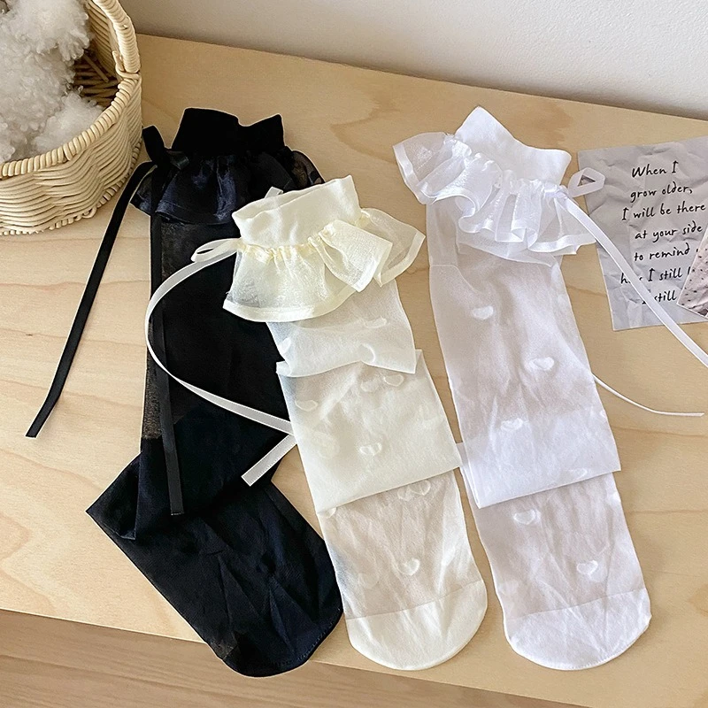 

Летние сетчатые дышащие чулки для девочек, корейские чулки с узором в форме сердца, милые длинные гольфы с кружевом и рюшами для девочек