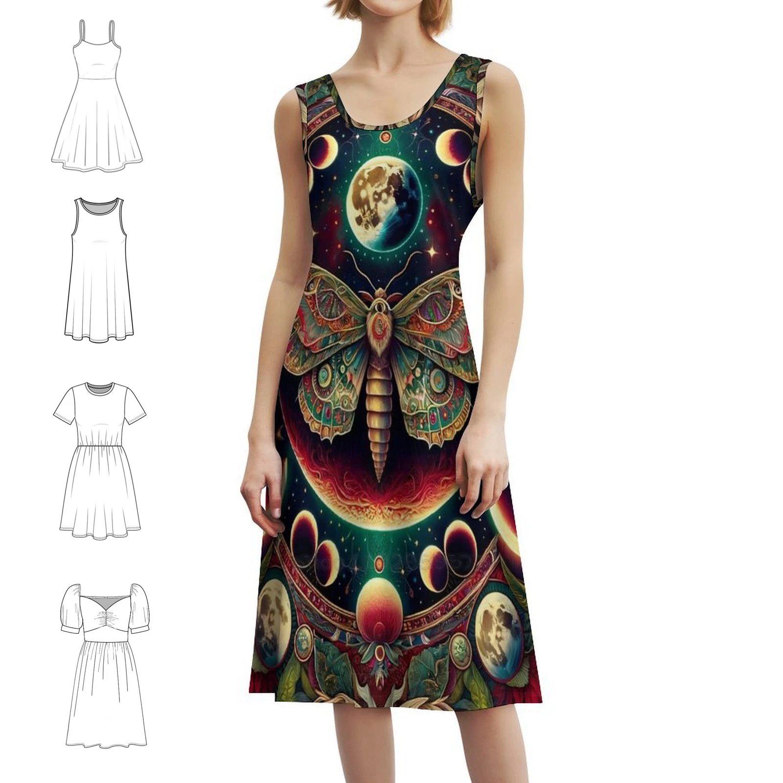 Ethereal Moth Mandala Preppy Style Mini Dress For Women A-Line Loose Fit Casual Day Dress Celestial Moth Mandala Cosmic Lunar