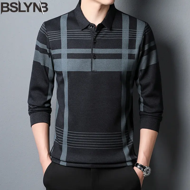 Polo Shirt Men's Long-sleeved Tshirt Casual Office Section Stripe Shirts Pullover Polos