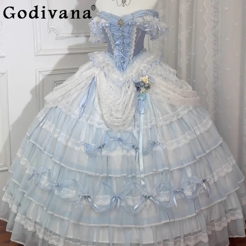 

Blue Lolita Evening Gown Dress Women's Luxury High End Birthday Grown Up Ceremony Dress Girls Princess Puffy Wedding Dress