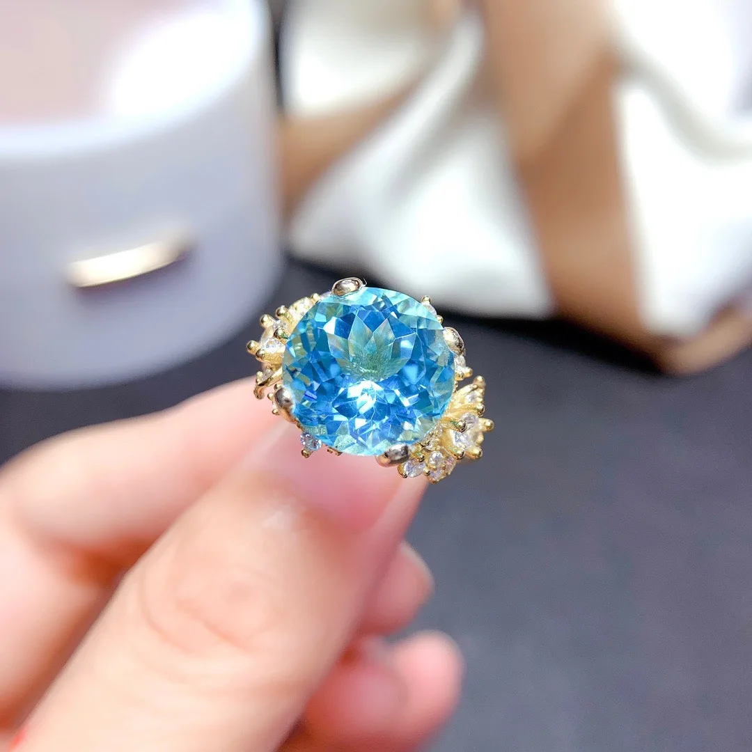 

Fashion 18K Gold Plated Ring for Women, Sky Blue Topaz Gemstone Ring, Simple Sapphire Style Finger Ring