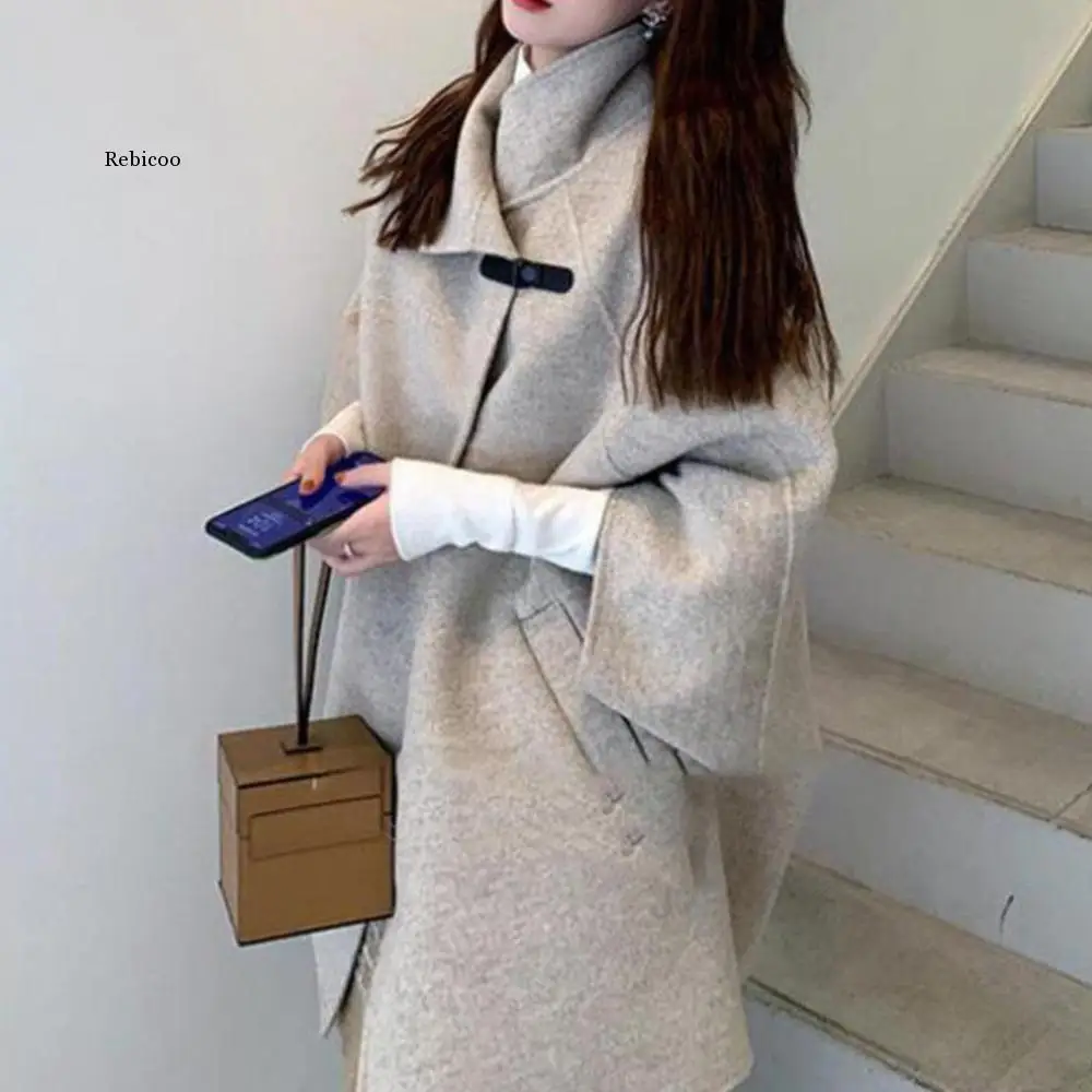 Female Overcoat 2022 Autumn And Winter New Korean Women\'s Casual Mid-length Woolen Coat Bat Sleeve Cape Outwear Polyester Hot