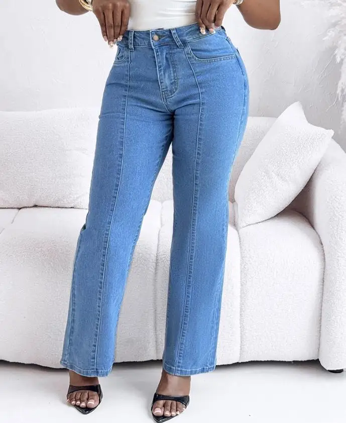 Women Jeans Personalized Street Style Fashion Seam Front High Wait Straight Leg Denim Pants Casual Zipper Fly Jeans with Pockets