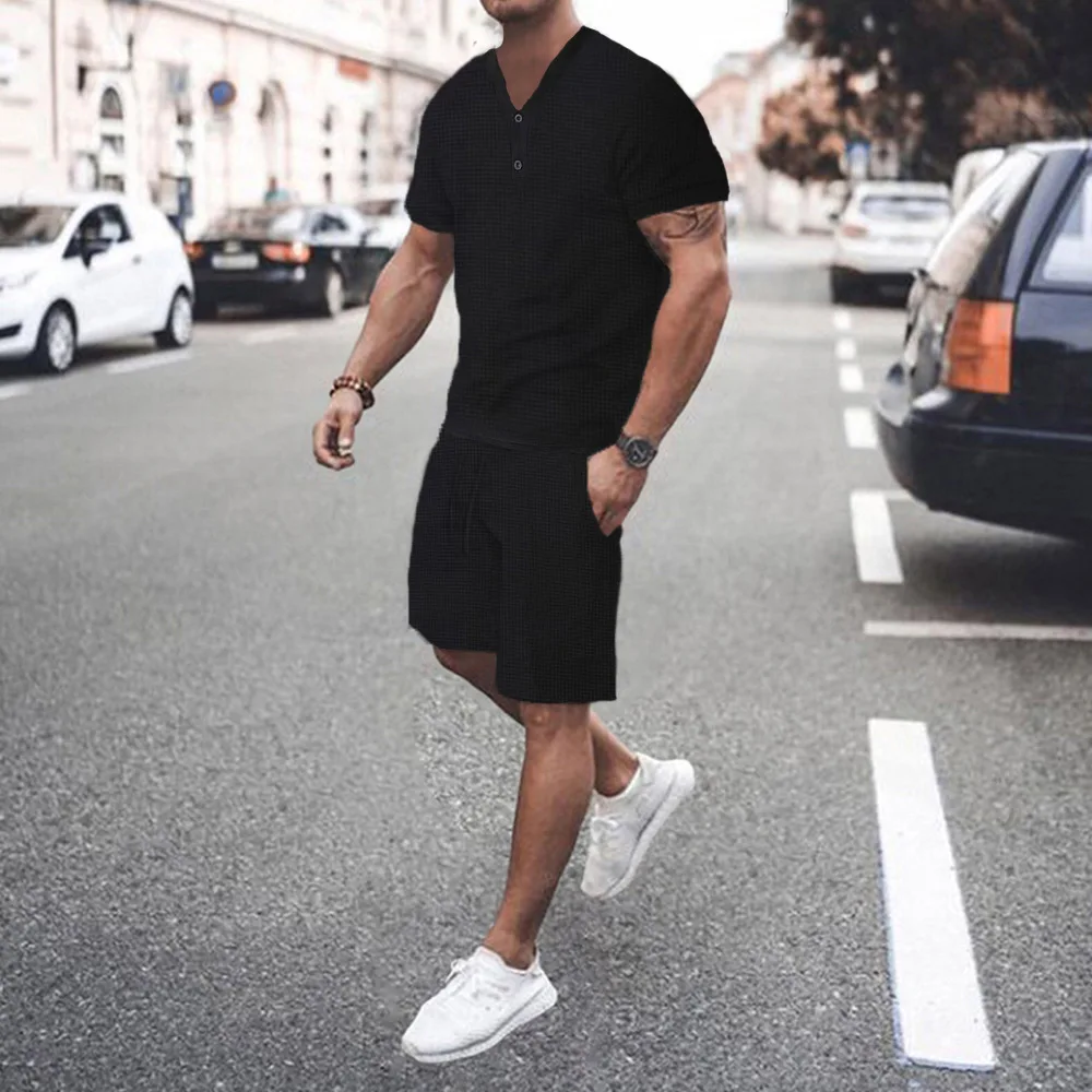 Breathable Monochrome Fitness Suit, Waffle V-Neck T-Shirt, Casual Sports Shorts, Simple Trend, Summer, New, 2022