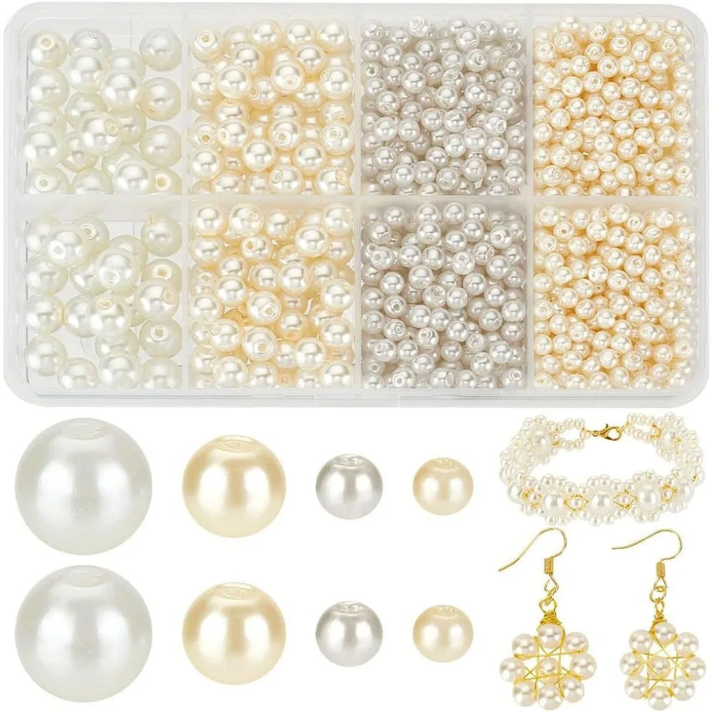 1060 قطعة 4 أحجام الزجاج حبات اللؤلؤ 3/4/6/8 مللي متر الجولة فضفاض الخرز ل أساور القلائد صنع المجوهرات 0.51 مللي متر حفرة #1