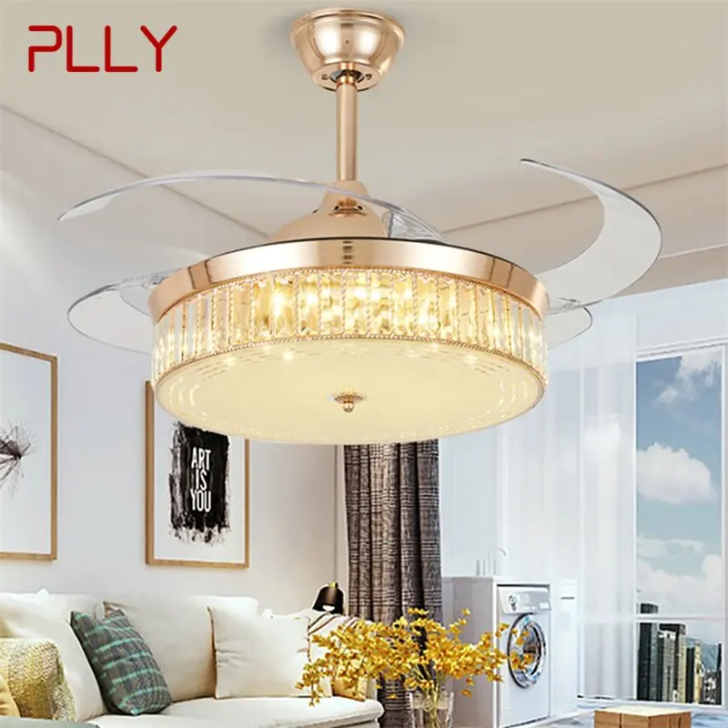 

PLLY Ceiling Fan Light Invisible Gold Luxury Crystal LED Lamp With Remote Control Modern For Home