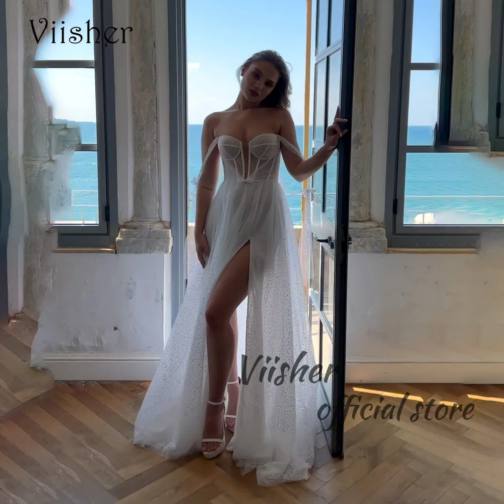 

Viisher Beach Wedding Dresses Off Shoulder Sexy Leg Split Boho Bride Dress Dotted Tulle Sweetheart Wedding Bridal Gowns A Line