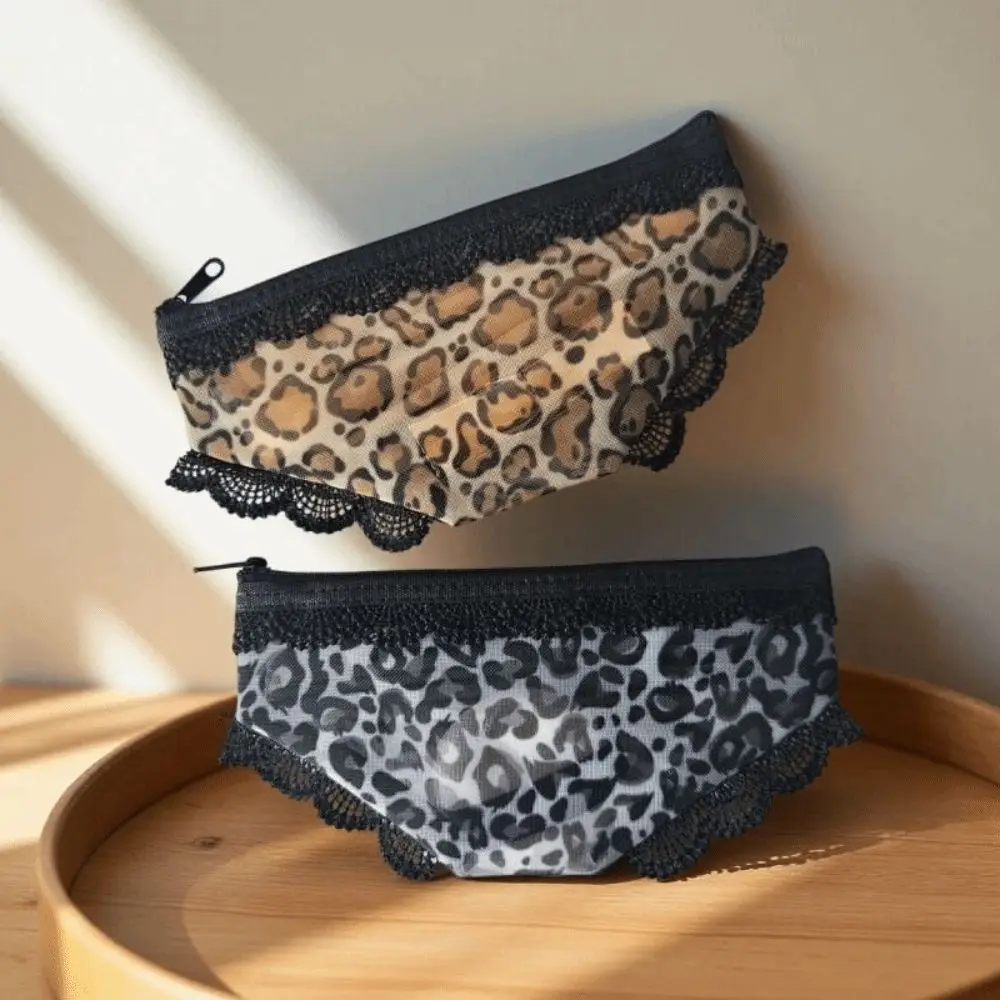 Chic Leopard Print Panties Shaped Makeup Pouch Zippered Portable Mesh Cosmetic Bag Transparent Lace Trimmed Storage Pouch Travel