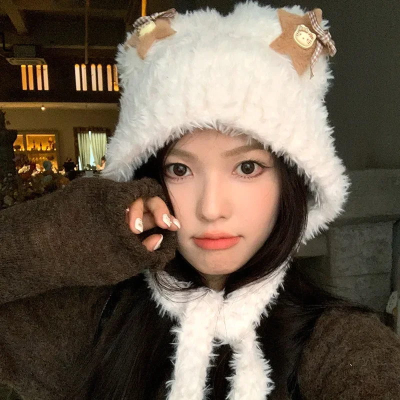 

Cute Bear Ear Bow Plush Hat Female Autumn and Winter Warm Ear-protective Head Lei Feng Hat