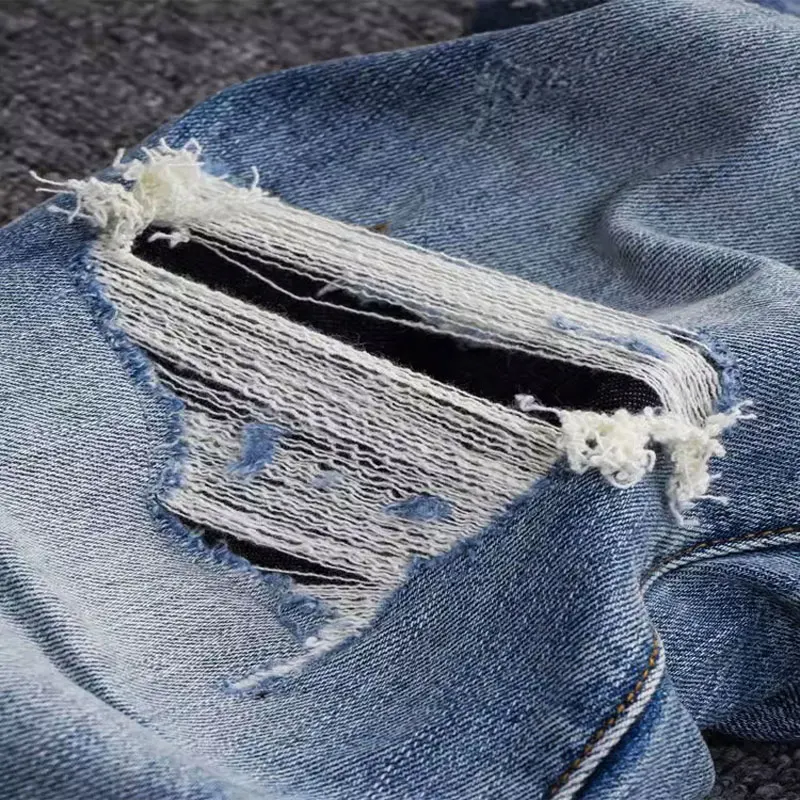 Streetwear Fashion Men Jeans High Quality Retro Blue Stretch Slim Fit Hole Ripped Jeans Men Patched Designer Hip Hop Denim Pants