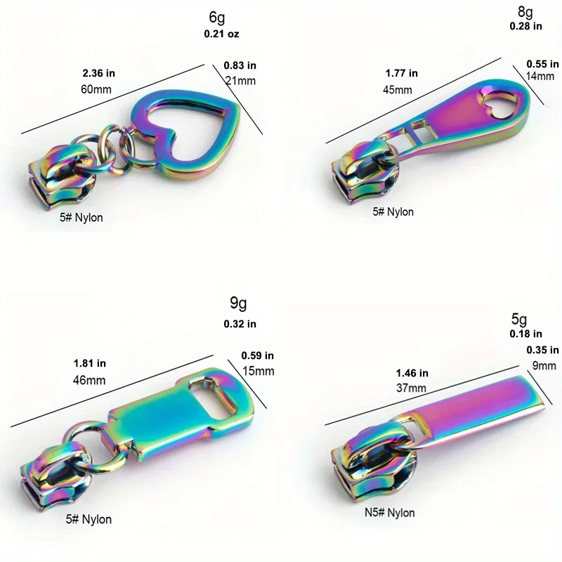 5PCS rainbow color 3# metal nylon tooth zipper slider 5# heart-shaped zipper puller bag clothing hardware accessories