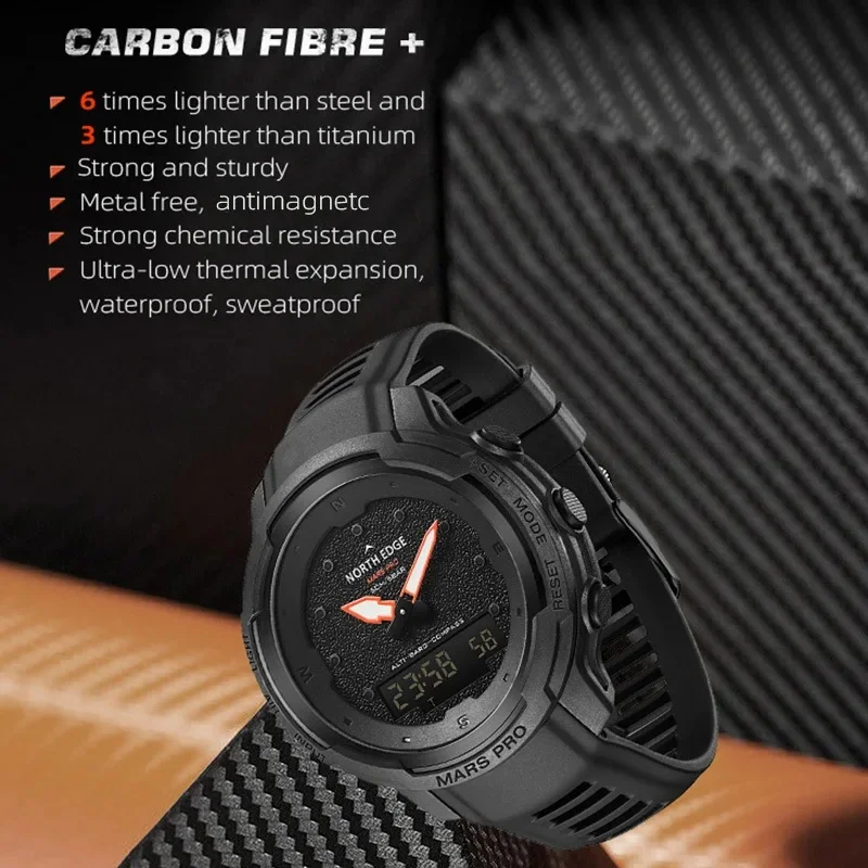NORTH EDGE MARS PRO Men Digital Outdoor Watch Carbon Fiber Altimeter Barometer Compass 50M Waterproof Sports Relogio Masculino