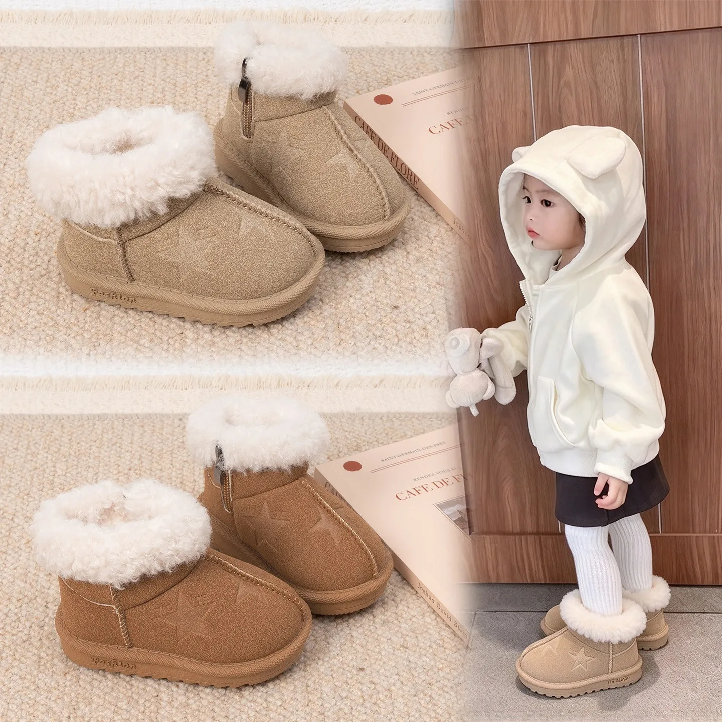New Winter Children Snow Boots Genuine Leather Girls Boots Warm Plush Boys Cotton Shoes Fashion Kids Boots Baby Toddler Shoes
