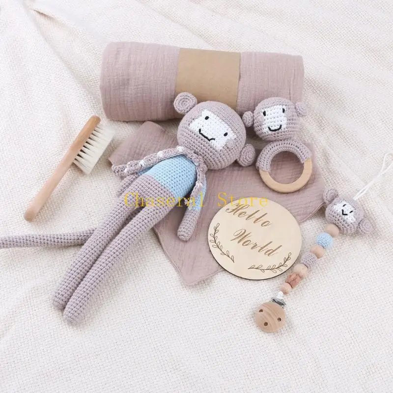 E7CE Crochet Monkey Pacifier Clip Baby Rattle Teether Handbell Newborn Birth Gift Box