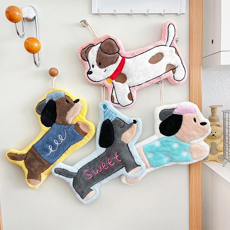 Cute Dog Hand Towel Coral Fleece Strong Water Absorption Bathroom Kerchief Hanging Style Soft Washcloth Kitchen
