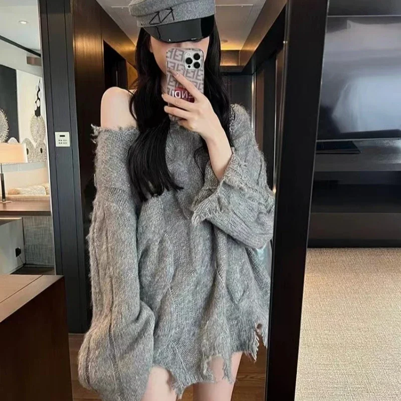 Distressed Sweater for Women Oversize Cable Knit Pullover Teen-girl Grunge Aesthetic Fall Winter Y2K Outfit