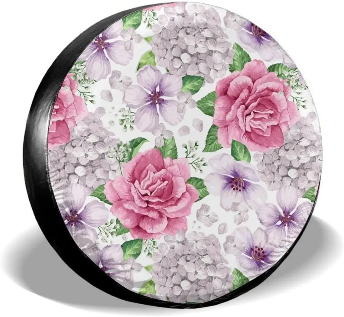 Roses Hydrangea Flowers Petals Spare Tire Cover Waterproof Dust-Proof Wheel Protectors Universal for Trailer,,SUV,RV