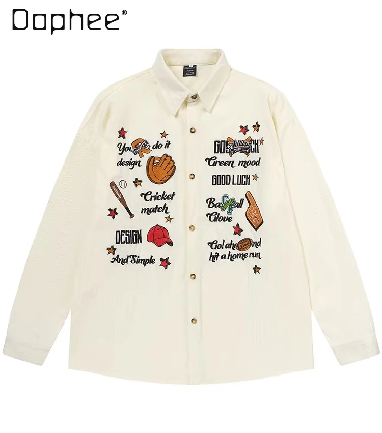 

Spring and Autumn New American Retro Style Letter Embroidery Yellow Corduroy Long Sleeve Shirt Men's Loose Casual Beige Shirt